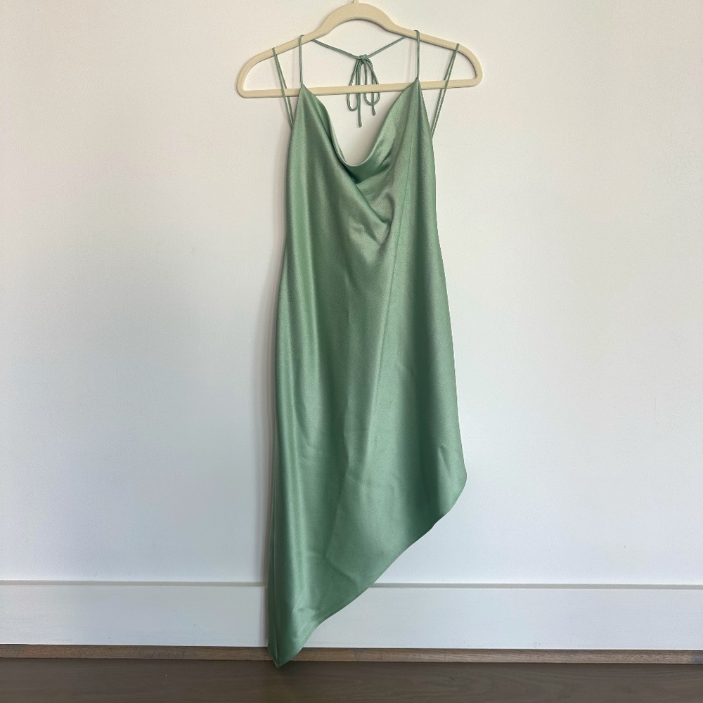 Alice + Olivia Harmony Asymmetric Cowl Neck Midi Dress in Sage Green